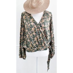 American Eagle Floral Green Boho Wrap Surplice Top